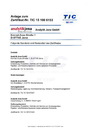 ISO Certificate 9001:2015 Analytik Jena GmbH – Central Office Locations appendix (German)