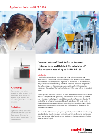 Determination of Total Sulfur in Aromatic Hydrocarbons and Related Chemicals by Ultraviolet Fluorescence acc. to ASTM D7183