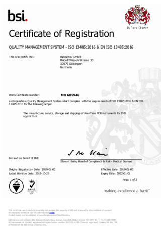 ISO Certificate Biometra GmbH | QMS (MS) – ISO 13485:2016 & EN ISO 13485:2016 Manufacture, service, storage, shipping of Real-time PCR instruments for IVD applications