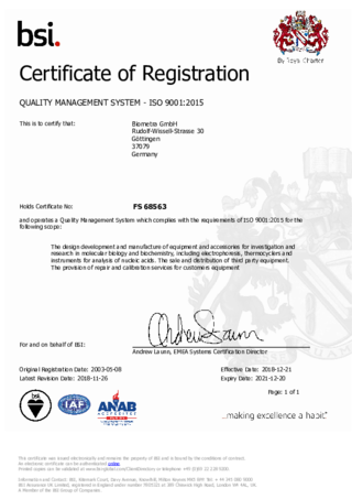 ISO Certificate Biometra GmbH | QMS (FS) which complies with the requirements of ISO 9001:2015 (following scope...)