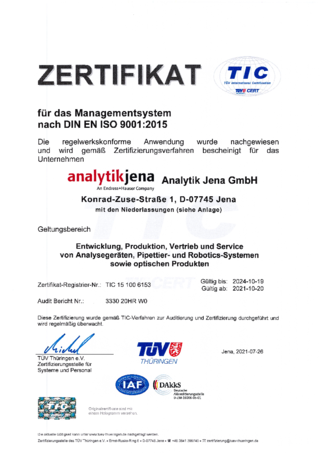 ISO Certificate 9001:2015 Analytik Jena GmbH (German)