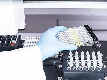 a gloved hand placing labware on the deck of a Felix liquid handler for setting up a Jess automated western blot run